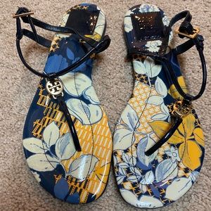 *SOLD* Tory Burch Navy Blue Gold Floral Sandals